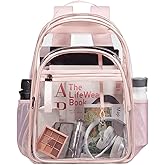 LIGHT FLIGHT Large Clear Backpack with Reinforced Padded Straps Heavy Duty PVC Transparent Backpack See Through Bookbags for Work, Travel, Pink