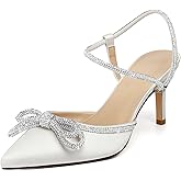 Susanny Women's Closed Toe Rhinstone Wedding Low Heel Slingback Clear Kitten Heels,Adjustable Strap Pointed Toe Bow Pumps High Heeled Prom Dress Shoes