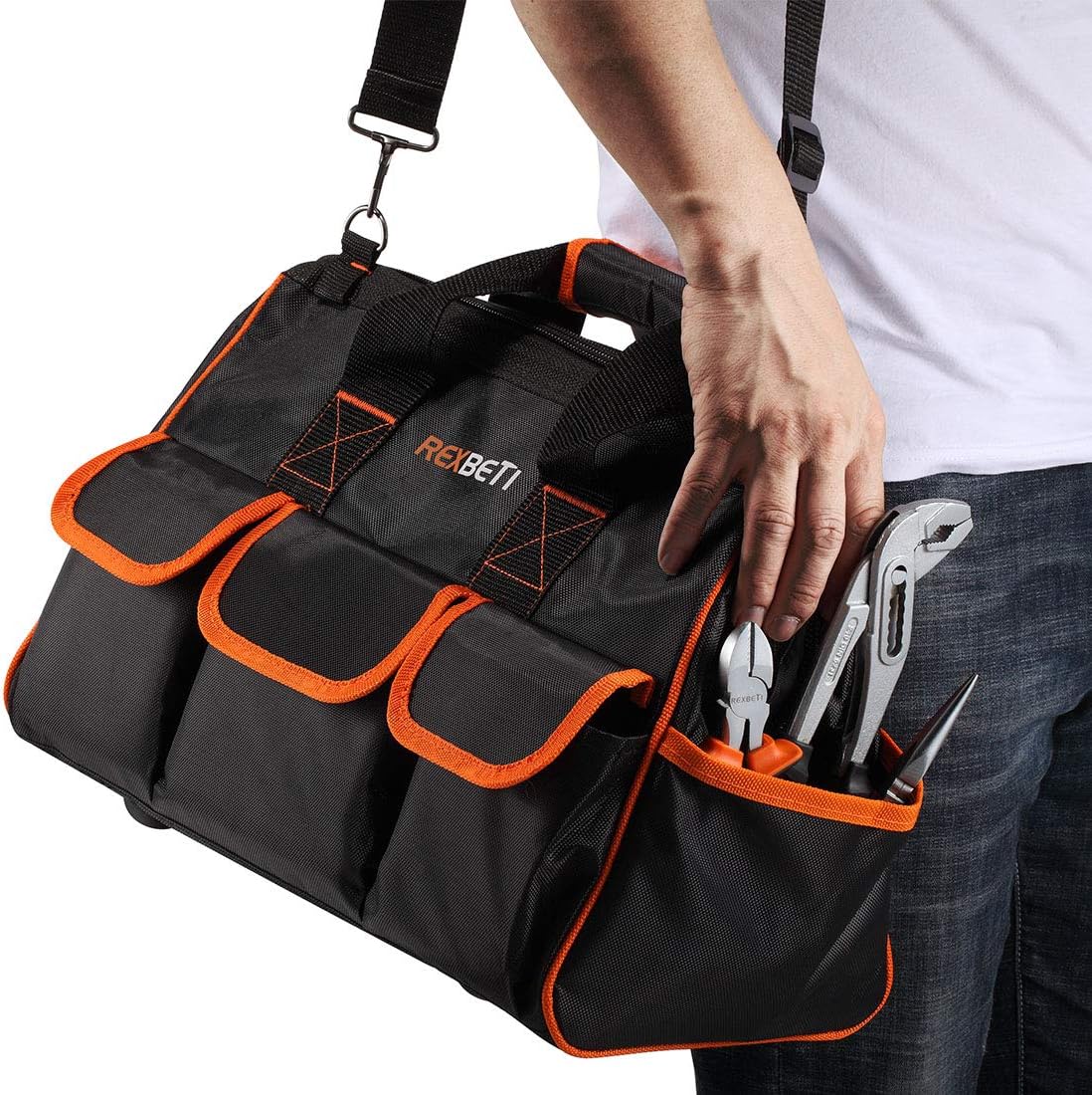 REXBETI 169-Piece Premium Tool Kit with 16 inch Tool Bag, Steel Home Repairing Tool Set, Large Mouth Opening Tool Bag with 19 Pockets - - 