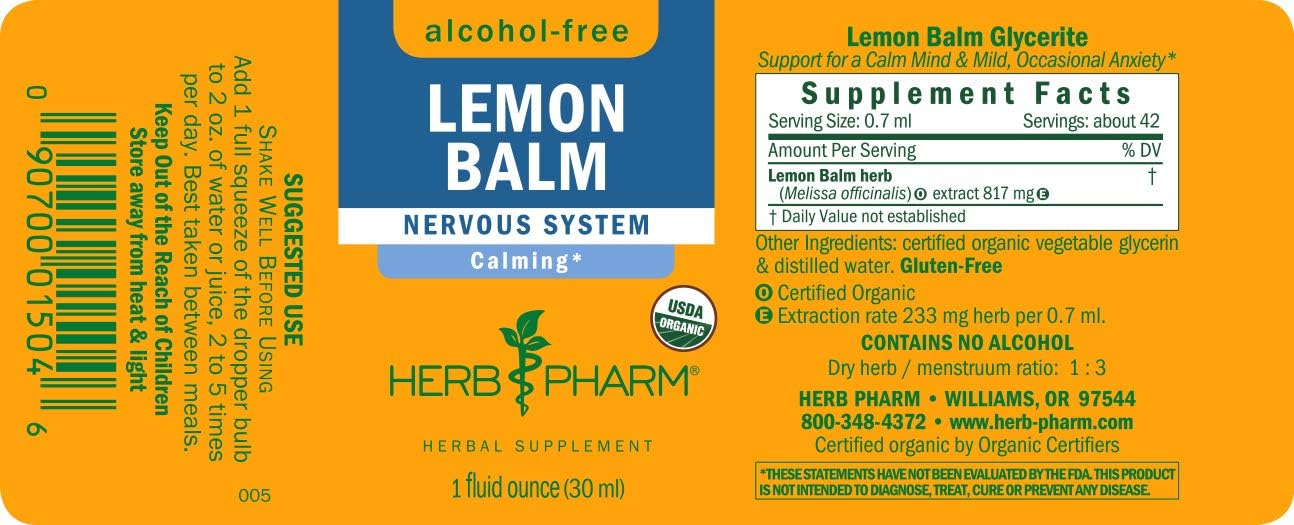 Herb Pharm Certified Organic Lemon Balm Liquid Extract for Calming Nervous System Support, Alcohol-Free Glycerite, 1 Oz: Health & Personal Care