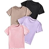 SweatyRocks Girl's 4 Pack Lettuce Trim T Shirt Ribbed Knit Short Sleeve Crew Neck Solid Tee Tops