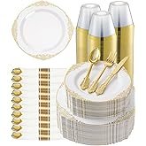 Goodluck 350 Piece Gold Plastic Dinnerware Set for 50 Guests, Fancy Disposable Plates, Include: 100 Gold Rim Plastic Plates, 150 Silverwares, 50 Pre Rolled Napkins, 50 Cups for Party, Wedding