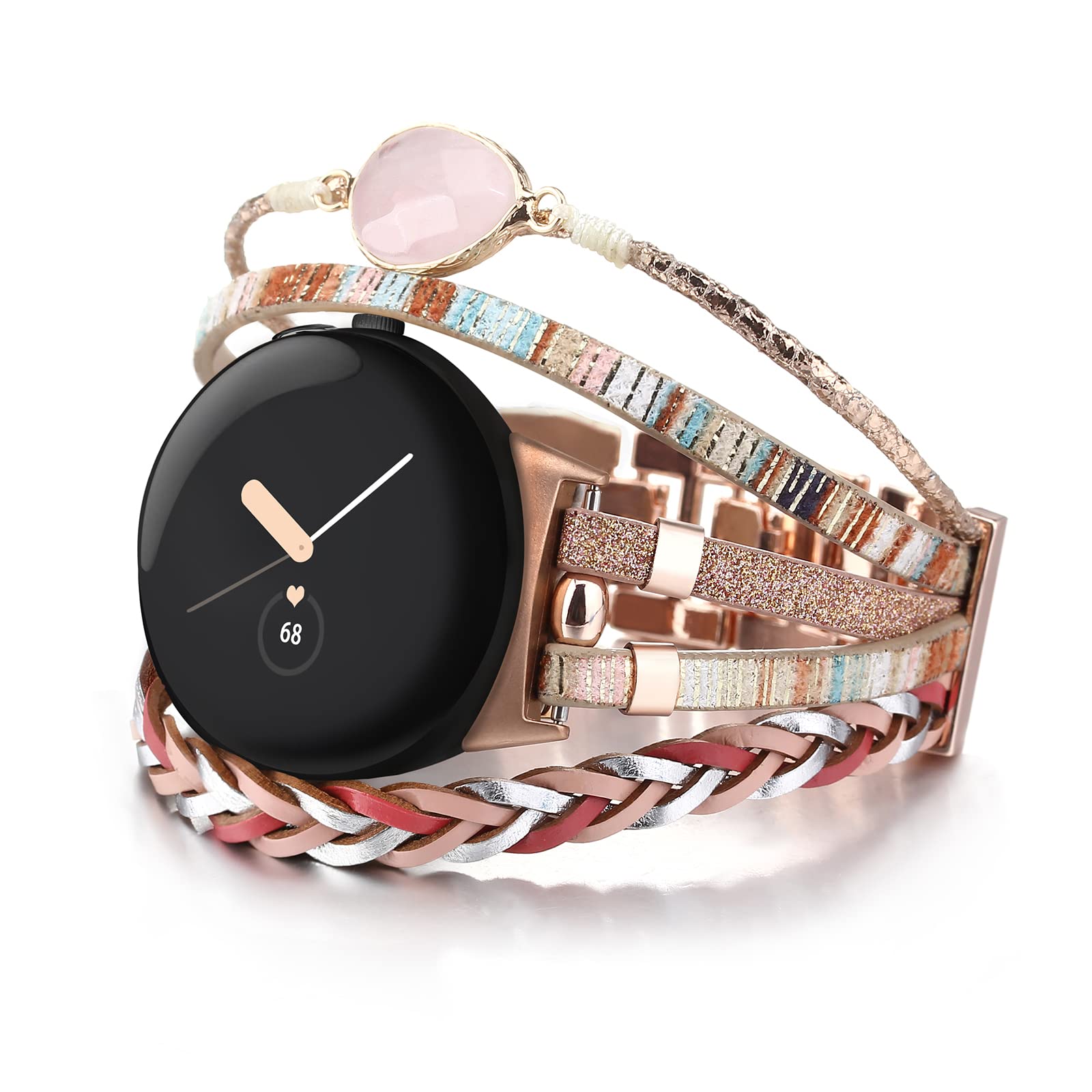 CHARMINGO Bohemian Leather Strap Compatible with Google Pixel Watch, Chic Leather Strap for Google Pixel Watch 2022, Moyen, Metal, No gem — image 1