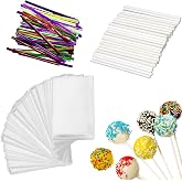 300 PCS Cake Pop Sticks and Wrappers Kit for CakePop, Chocolate and Cookies | Including 100ct 4-inch Papery Lollipop Treat Sticks, 100ct Clear Parcel Bags, 100ct Colorful Twist Ties