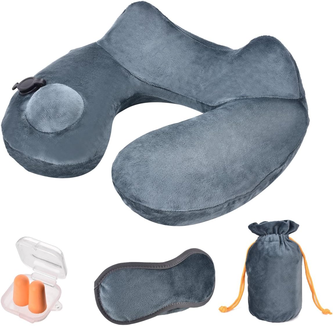 Begost Inflatable Travel Neck Pillow Push-Button Neck Support Travel Pillow with Eye Shield, Earplugs, Carrying Package and Soft Washable Velvet Cover for Airplane, Train and Bus, Gray