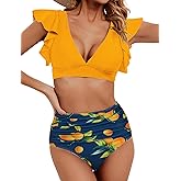 Soucrat Women's Ruffle High Waisted Swimsuit Two Piece Tropical Print Swimsuit Push Up Bathing Suit