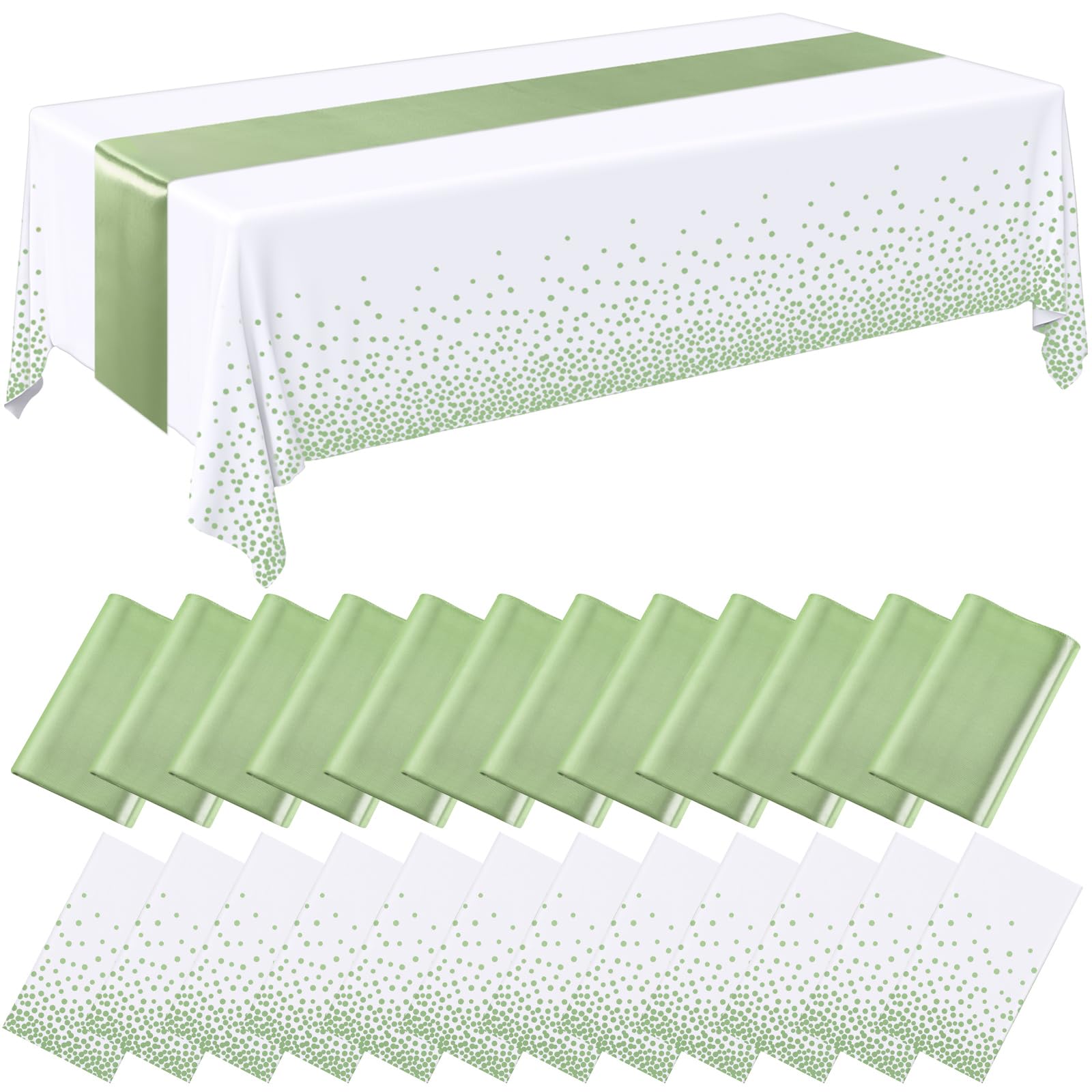 Photo 1 of Breling 24 Pack White and Sage Green Disposable Plastic Tablecloths and Satin Table Runner Set, 54 x 108 Inch Tablecloth, 12 x 108 Inch Table Runners for Wedding Graduation Birthday Baby Shower
