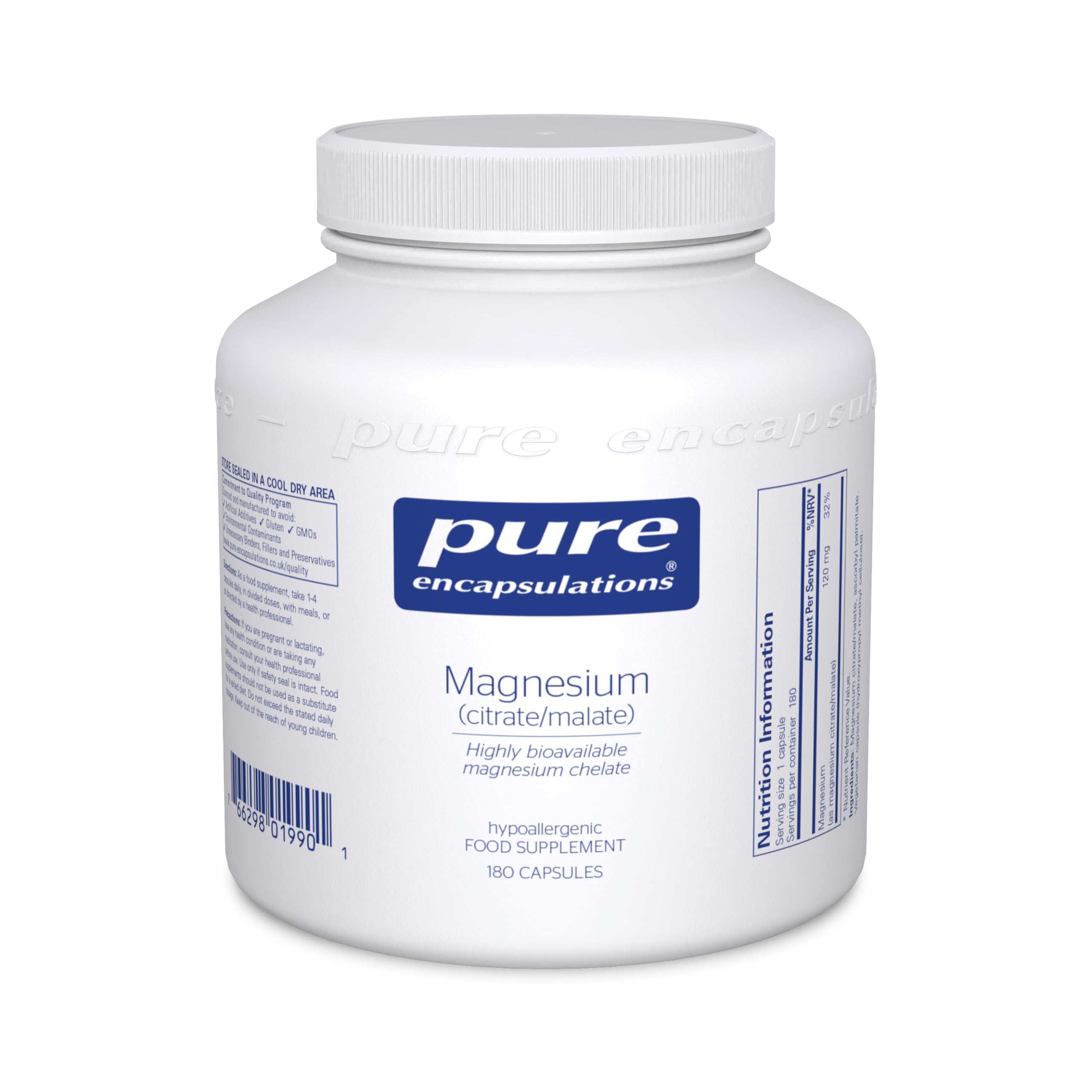 Pure Encapsulations Magnesium (Citrate/Malate) 120mg - Highly Bioavailable Magnesium Chelate - 180 Capsules