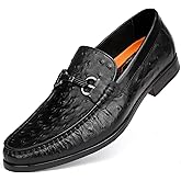 Classic Men's Leather Dress Shoes, Casual Ostrich Patterned with Buckle Slip-On Penny Loafers for Weddings, Parties, and Business, Formal Dress Shoes for Men, Black