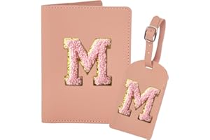 ULICO Initial Passport Cover and Luggage Tag Set,PU Leather Letter Passport Case Holder Travel Suitcase Tag, Personalized Travel Luggage Accessories Gifts for Women Kids Teenage Pink M
