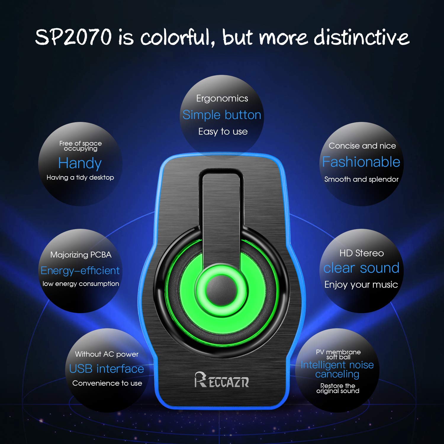 USB Powered Computer Speakers, Reccazr SP2070 Multimedia Stereo Sound Speakers with 7 Colors Breathing Lighting for PC(with3.5mm AUX and PC Input)-Blue