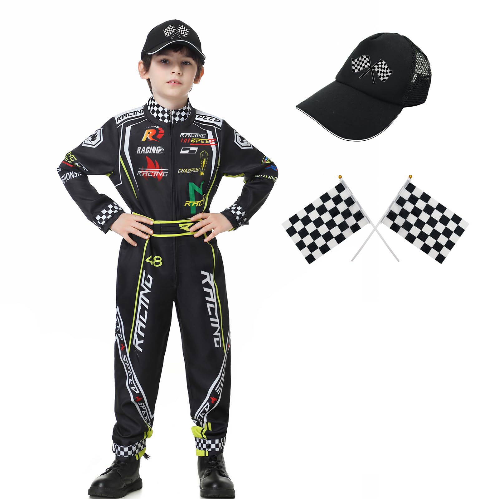 KUKIKUKI Race Car Driver Costume Boys Racer Jumpsuit With Car Cap Kids Dress Up for Halloween (Black, 120)