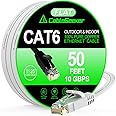 Cat 6 Ethernet Cable 50 ft, Support Cat8 Cat7, 10Gbps High Speed Flat Internet Network Cable with 25 Clips+4 Straps, White Co