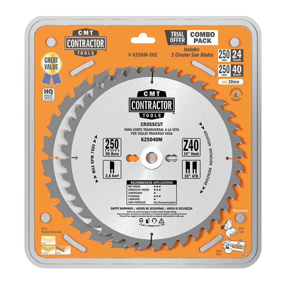 CMT K250M-X02 – 2-pc Saw Blade Pack 250 x 2.6/1.8 x 30 Z24 + 40 ATB