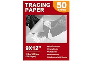 PTRBTY&HISDE Tracing Paper 9x12 inch, A4 Size 50 Sheets （32lb/50gsm）Transparent Vellum Paper for Tracing Pads, Wrinkle Free Highly Drawing,Marker and Ink Trace Images, Adult and Student or Artists