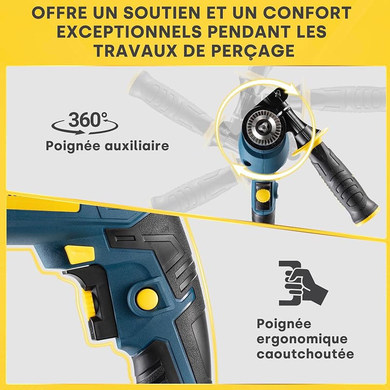 Perceuse à Percussion Filaire 750W, poignée pivotante à 360°