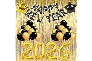 STSHELL New Years Eve Party Supplies 2026, Black Gold New Year Decorations 2026 with Happy New Year Balloon Banner, 2026 Number Balloons, Foil Fringe Curtain, Star Foil Balloons for New Years Party Decor