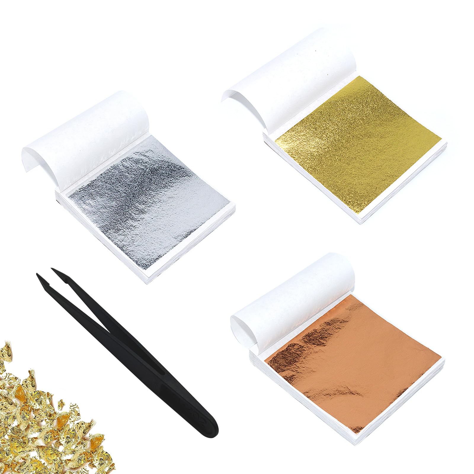 CATELL 300 Pieces Gold Leaf Sheets, 9x9cm Gold Foil Sheet with Tweezer Gold Leaf Gold Foil Sheets for Art DIY Projects Resin Art Crafts Furniture Decorating Picture Frames Gold Silver Rose Gold
