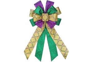 HYING Large Mardi Gras Bow for Wreath, Purple Green Gold Gitter Stripe Bow for Mardi Gras Decoration - Sequin Bow for Front Door Indoor Outdoor Wall Mardi Gras Party Supplies Ornament