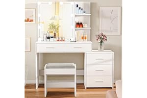 usikey 43.5in Large Vanity Desk with Mirror and 10 LED Lights, Makeup Vanity Table with Lights and 5 Drawers, White Vanity Table Vanity Set with Storage Shelves and Stool for Women Girls, White