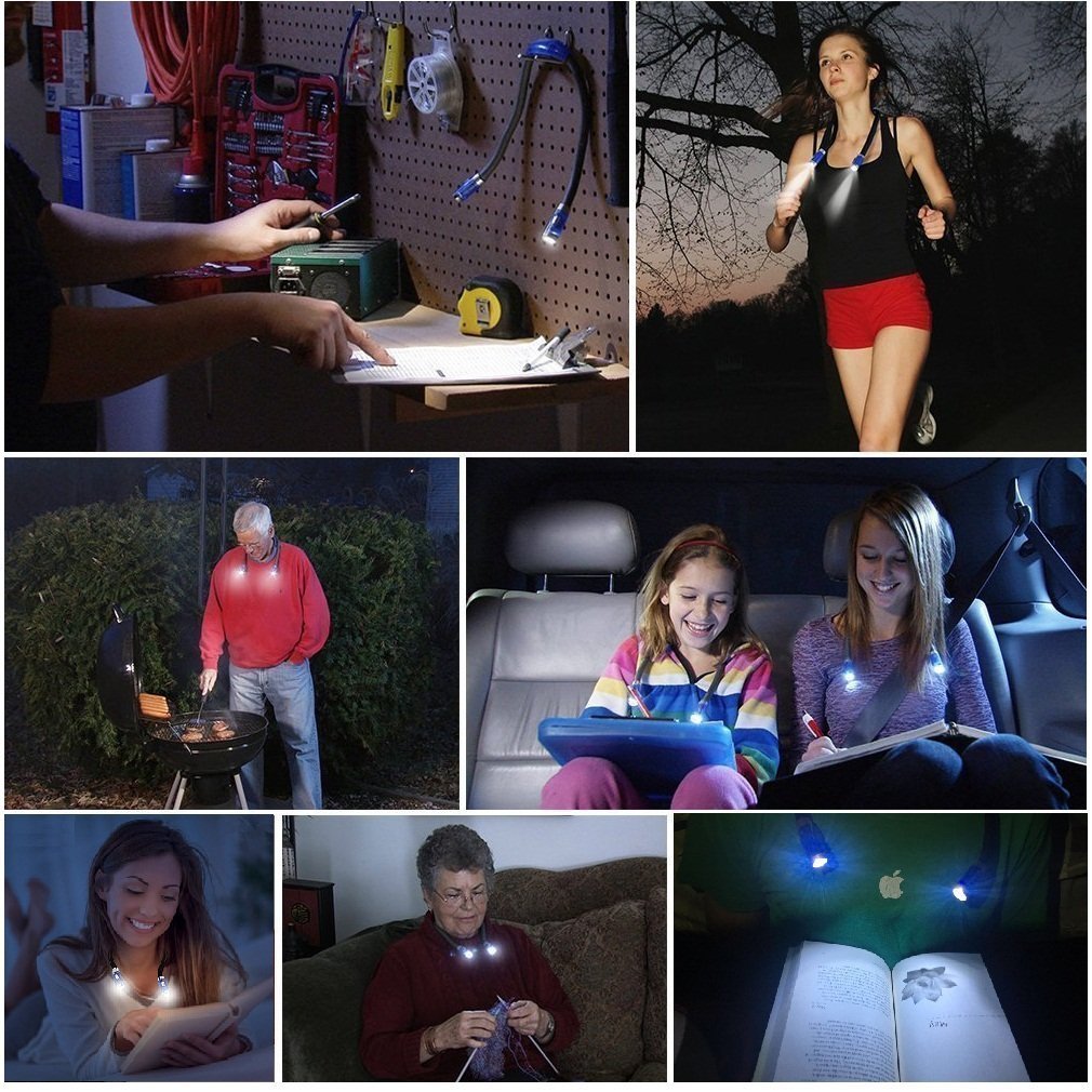 LUXJET LED Book Lights Rechargeable Neck Lamp for Reading at Night, Hands Free, 4 LED Bulbs, 3 Adjustable Brightness