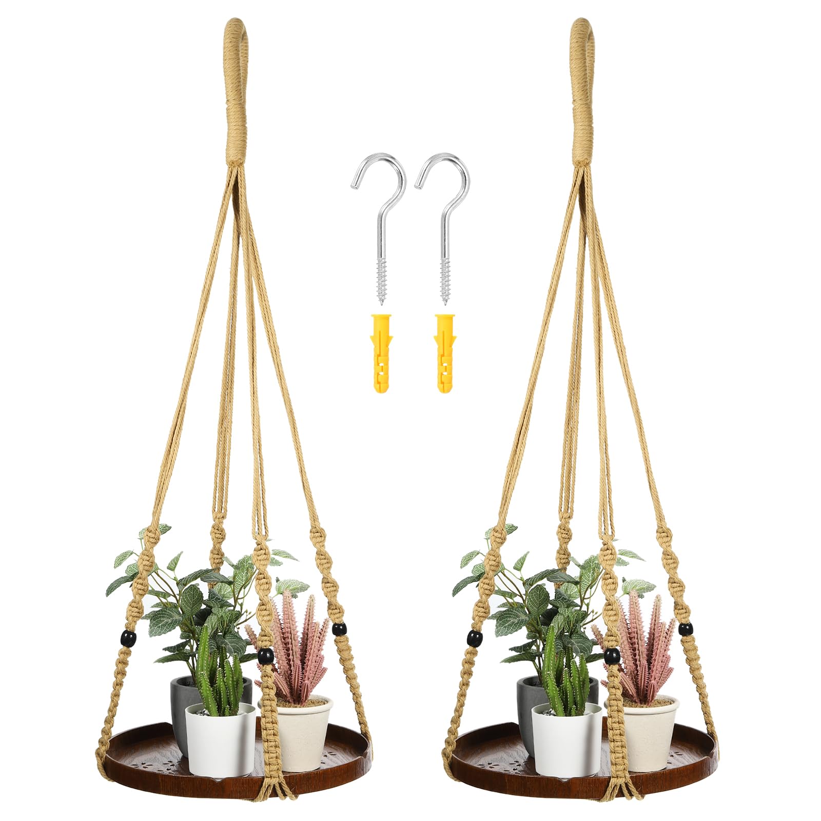 PATIKIL Macrame Plant Hangers Indoors, 2 Pack Hanging Plant Shelf with Sturdy Wood Base for Home Decor Hanging Wall Ceiling Window, Brown
