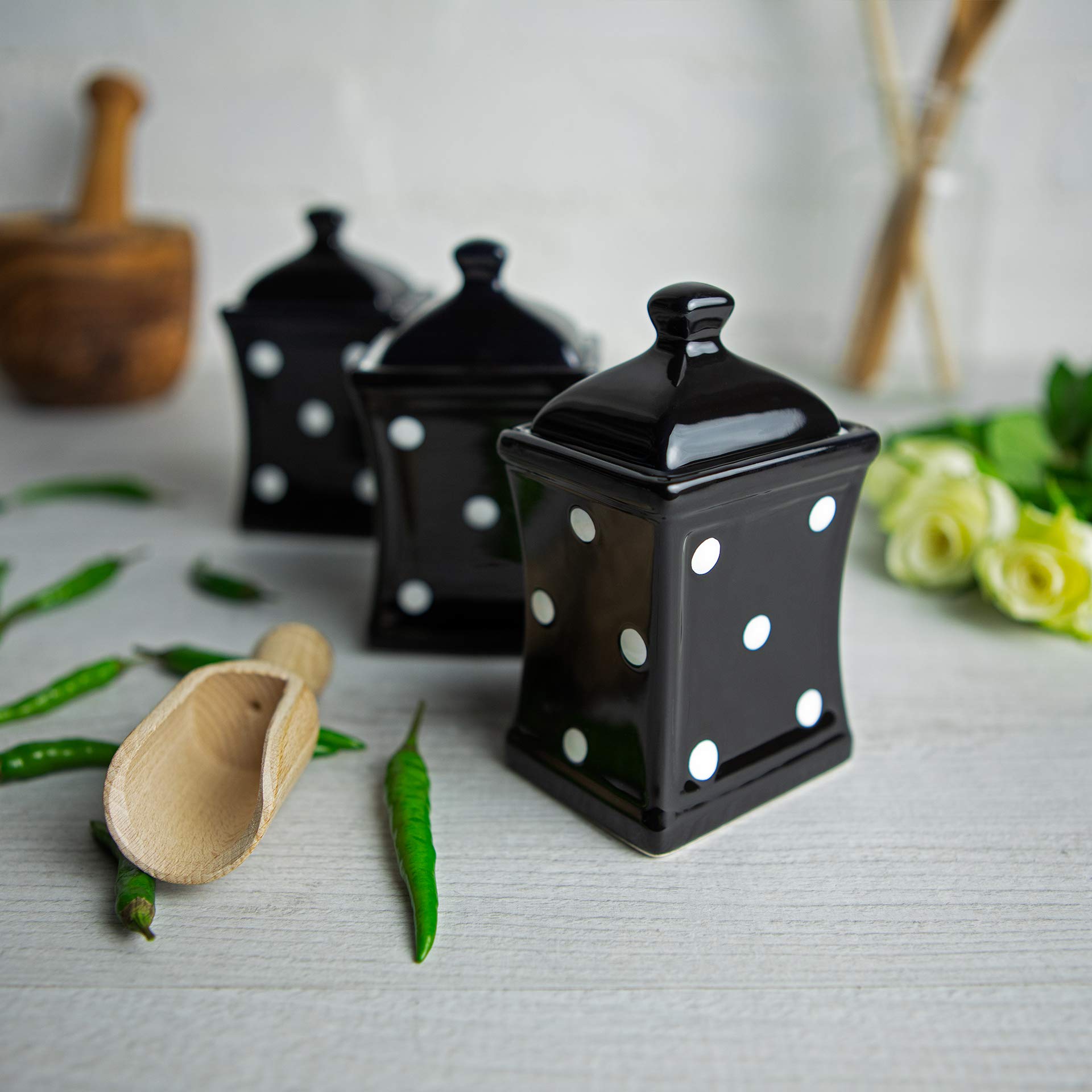 City to Cottage® Black and White | Polka Dot | Handmade | Small 5.3oz/150ml Ceramic Kitchen | Herb Spice | Storage Jars Set of 3| Containers | Canisters