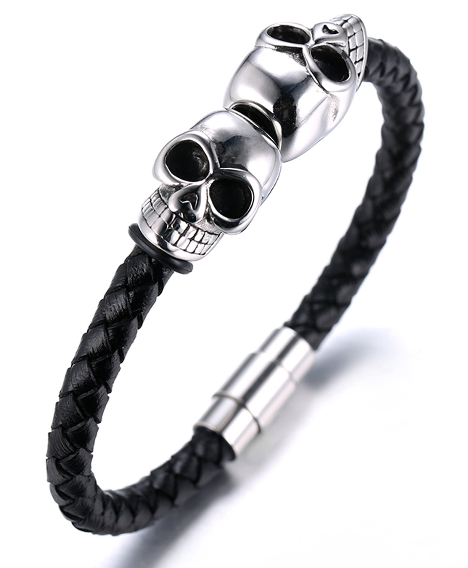 HALUKAKAH ● Assassin ● Men's Genuine Leather Bracelet with Titanium Skull Heads Magnetic Clasp 8.46"/21.5cm(Silver) — image 1