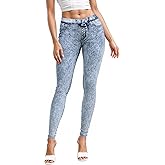 Hybrid & Company Women's Pull On Stretchy Mid Rise Skinny Fit Pants Regular or Distressed Jeans with Long Short Inseam