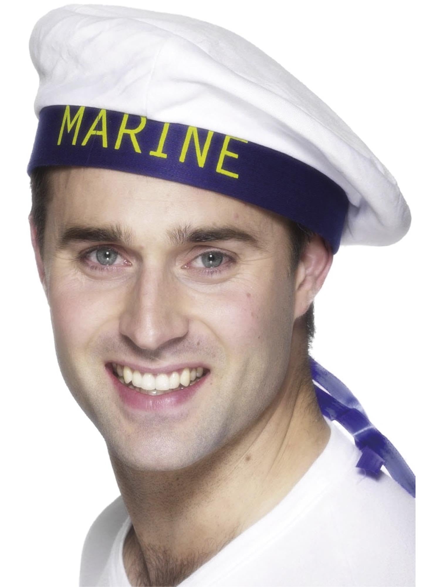 Smiffys Marine Sailors Hat, White with Ribbons, Land, Sea and Air Forces Fancy Dress, Troops Dress Up Hats