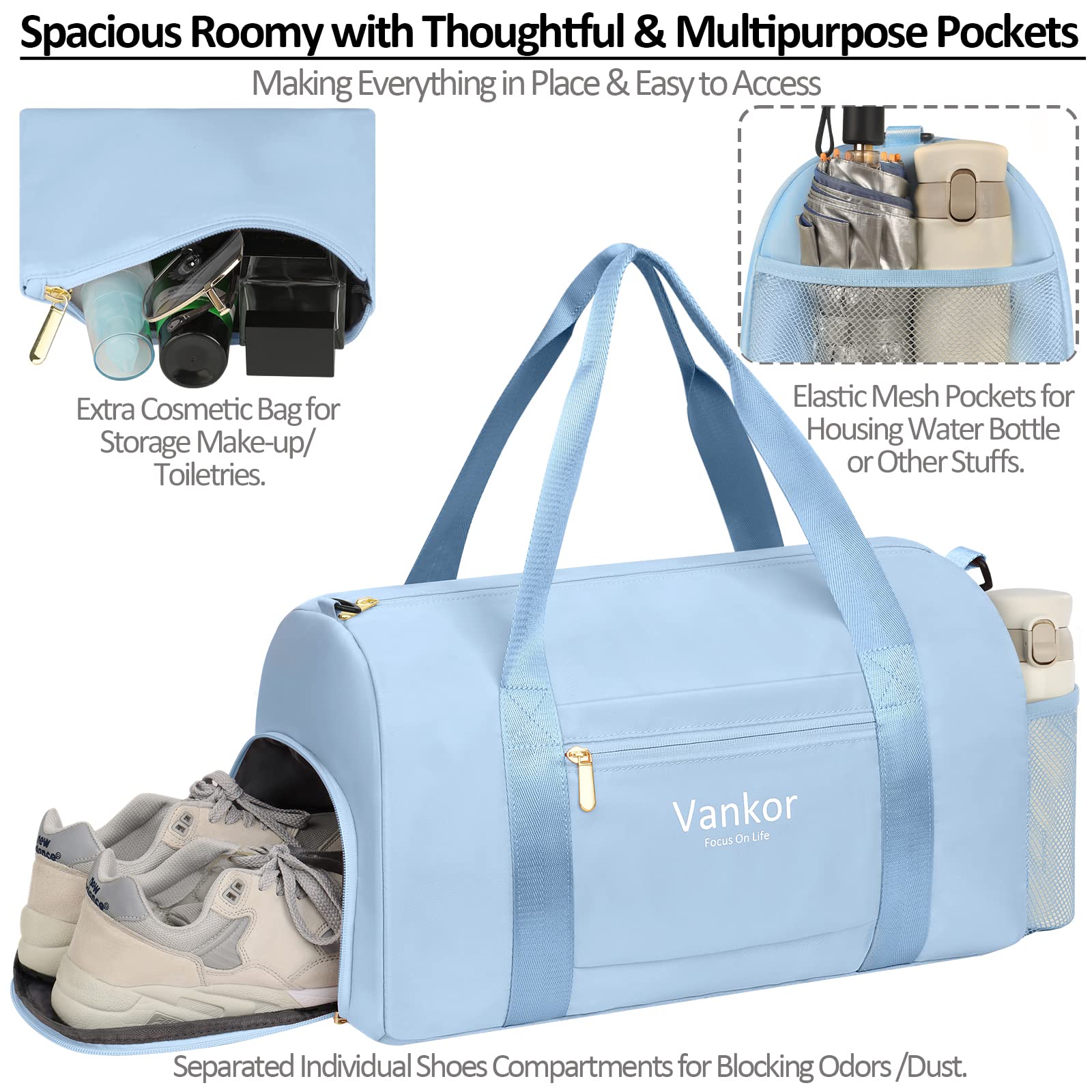 Gym Bag for Women with Shoe Compartment Waterproof, Sports Duffle Bag for Travel Duffel Weekender Carry on Beach Yoga Overnight Luggage Mommy Maternity Hospital Bag Blue 17.5 Inch