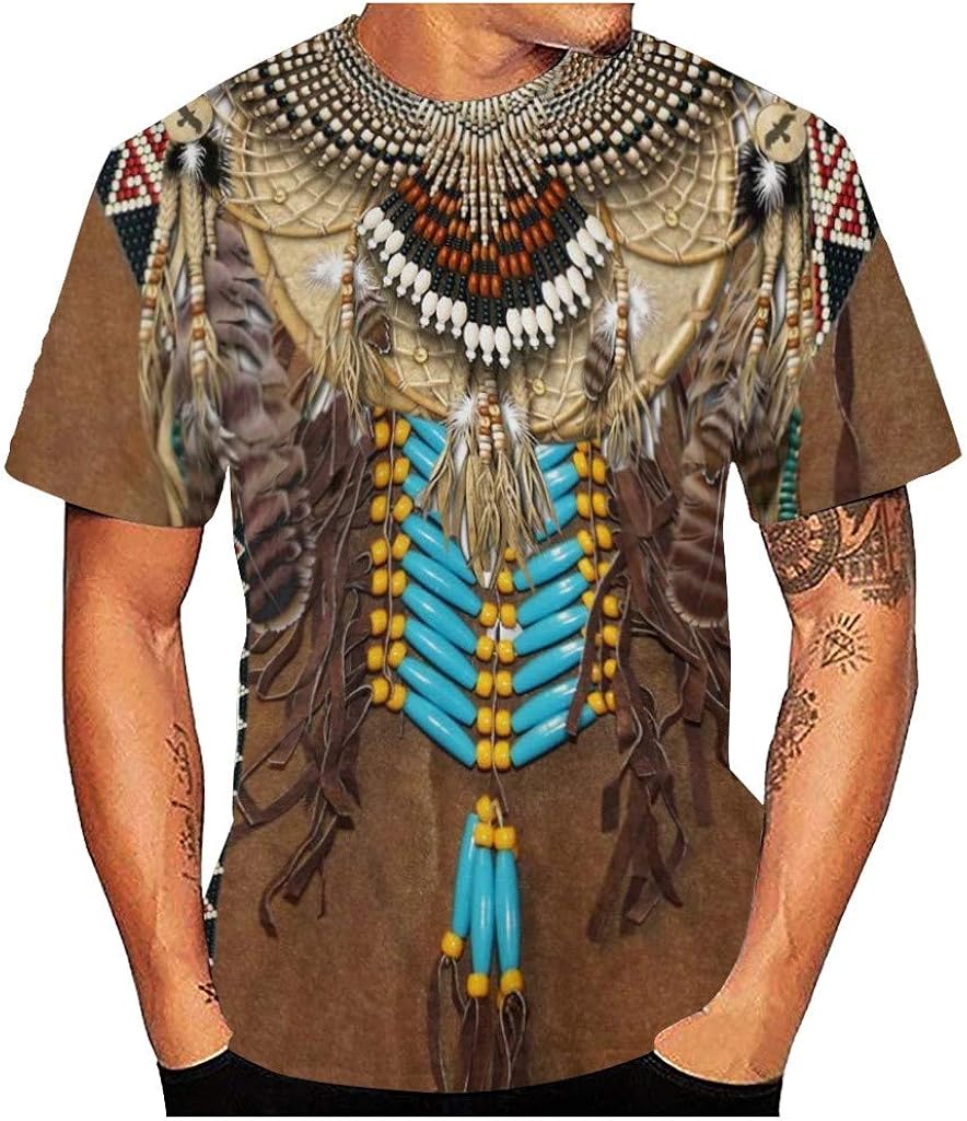 POQOQ T-Shirt Mens 3D Vintage Ethnic Style Print O-Neck Short Sleeve Blouse Top