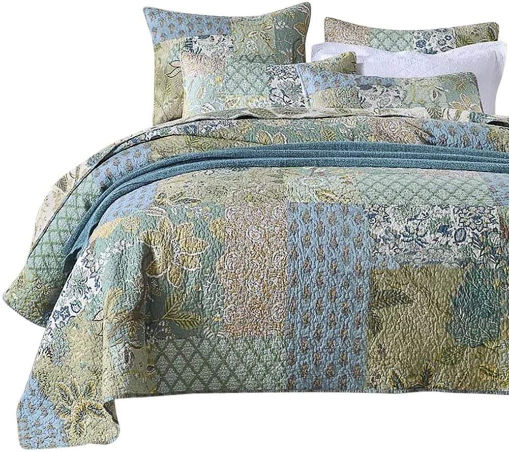 Photo 1 of MaiuFun Cotton Bedspread Quilt Sets King Size, Reversible Bohemian Floral Patchwork with Real Stitched Plaid Patterns, 3-Piece Bedding Coverlet for All Season (1 Quilt + 2 Pillow Shams)