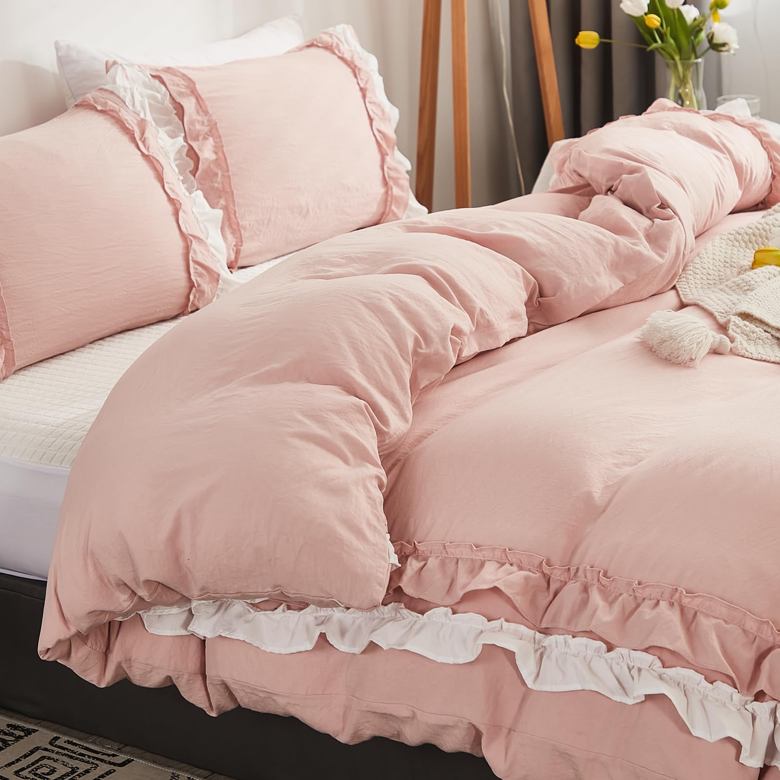 Herside Pink Duvet Cover Set Double Ruffle Bedding White Pink Ruffle Layers Design Boho Girls Bedding Sets 1 Duvet Cover 2 Pillowcases (White-Pink, Double)
