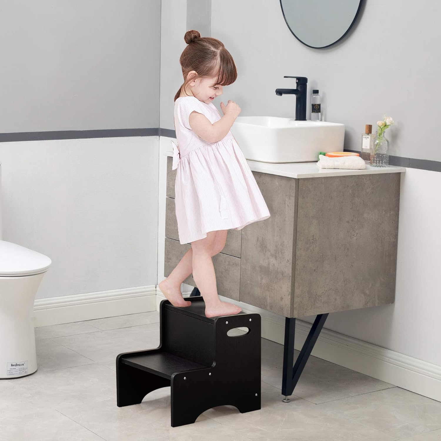WOOD CITY Step Stool for Kids, Wooden Toddler Step Stool with Safety Non-Slip Mats and Handles, 2 Step Stool for Kitchen, Bathroom Sink & Potty Training - Black : Baby