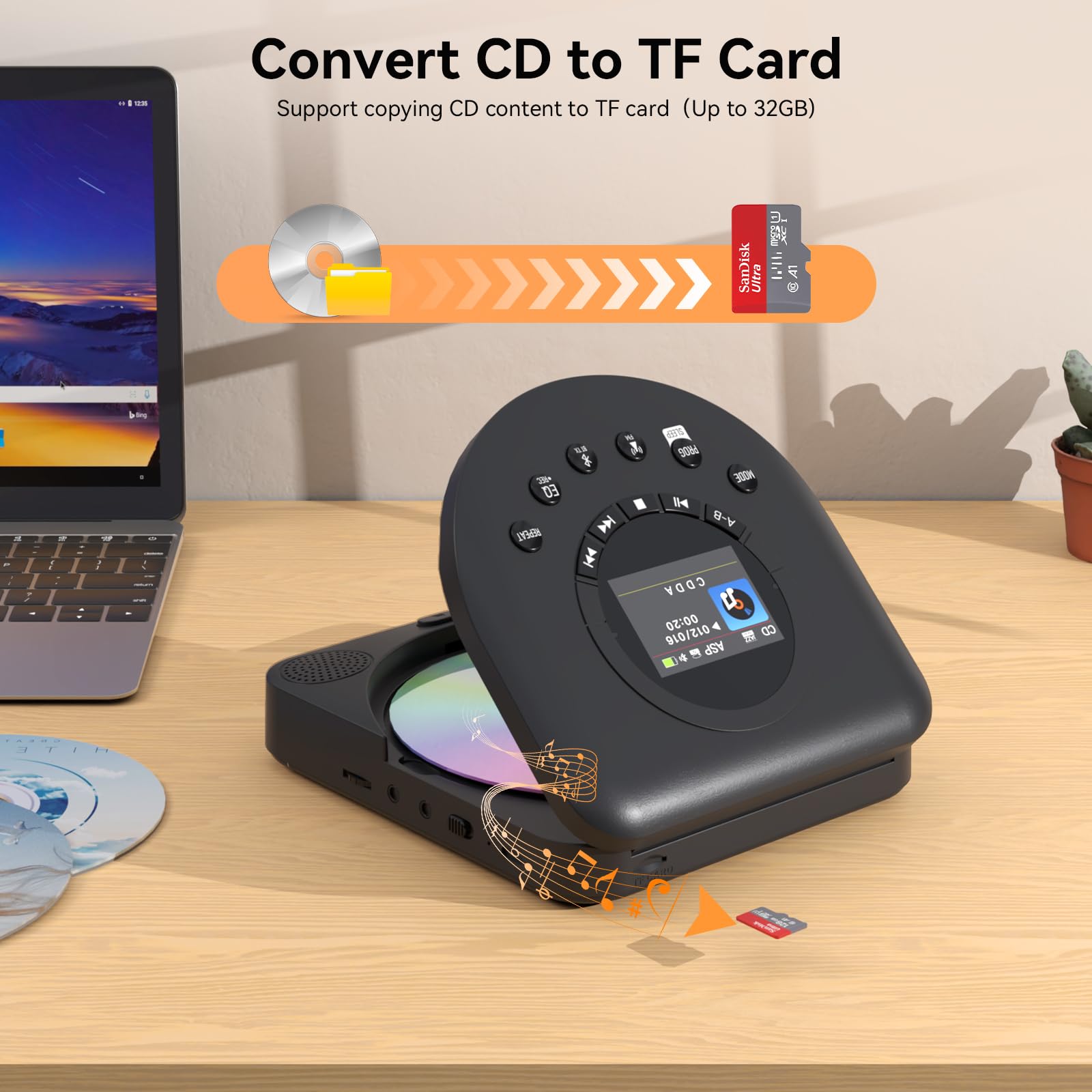 CD Player Portable, MONODEAL Dual Stereo with CD Player with Speakers, Rechargeable Discman Player for car, Support TF Card, FM Receiver and Transmitter with Sleep Timer, Colorful TFT Screen
