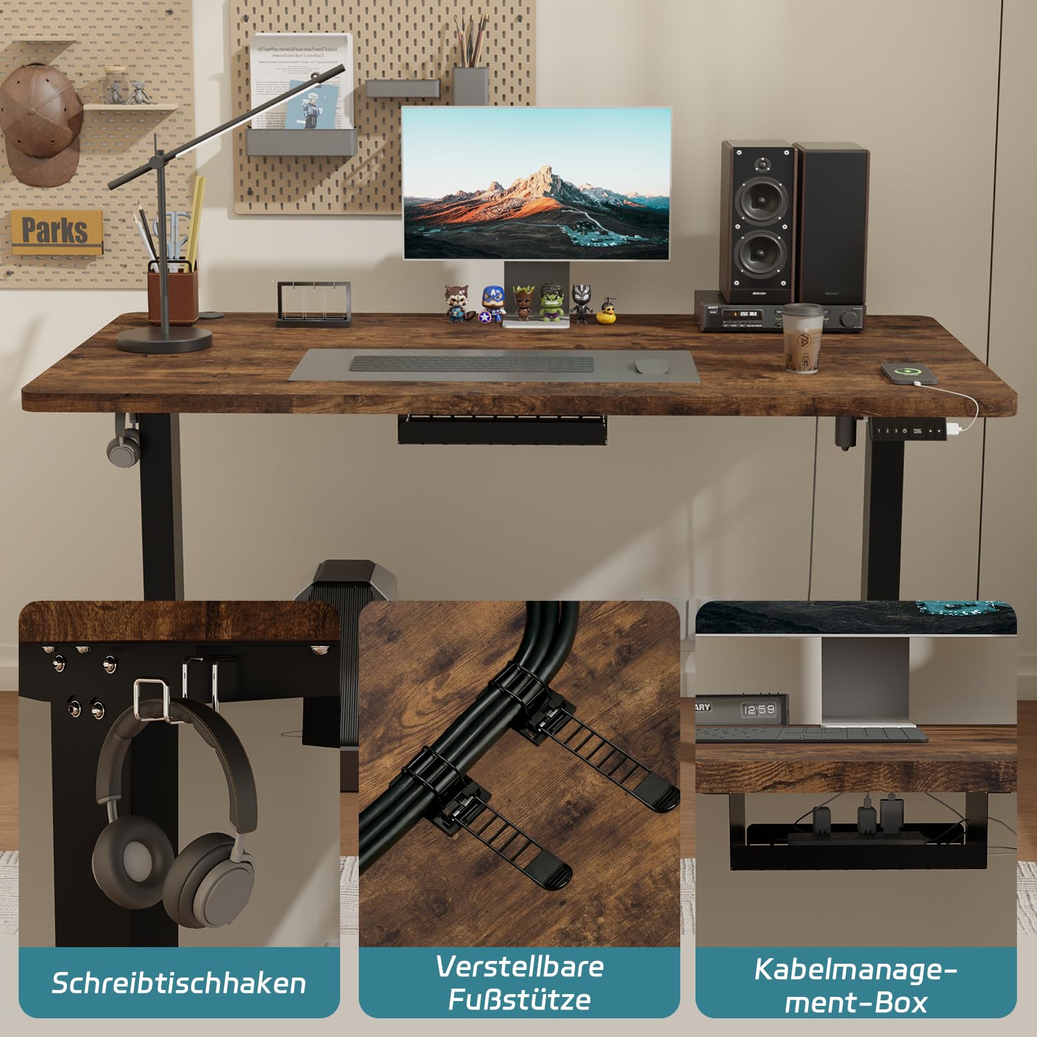 Airfish Höhenverstellbarer Schreibtisch 140x70 cm, Elektrisch Schreibtisch mit Kabelwanne, Computertisch mit USB-Buchse, Bürotisch, Stehpult mit Erinnerung an sitzende Tätigkeiten, Vintage-Braun 5