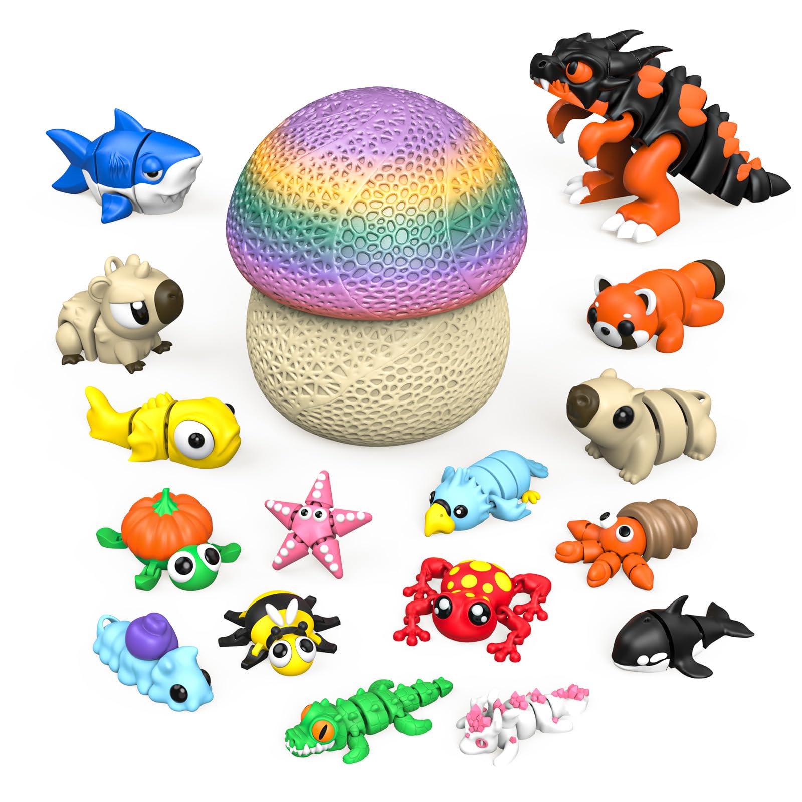Photo 1 of 17PCS 3D Printed Animal Figurines Set with Mushroom Container - 16 Unique Articulated Animals, Fidget Toys for Stress Relief, Party Favors, Desk Decor & Gifts for Kids & Adults (17PCS Colour)