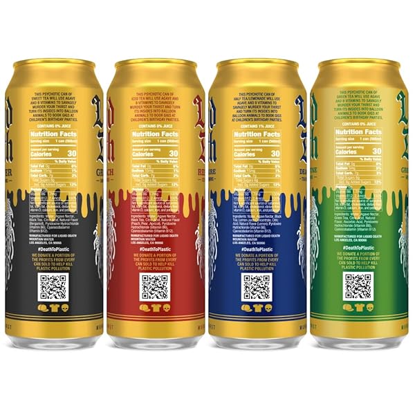 LIQUID DEATH ICED TEA VARIETY 12-PACK (19.2 OZ CANS) (GRIM LEAFER, REST IN PEACH, DEAD BILLIONAIRE, GREEN GUILLOTINE)
