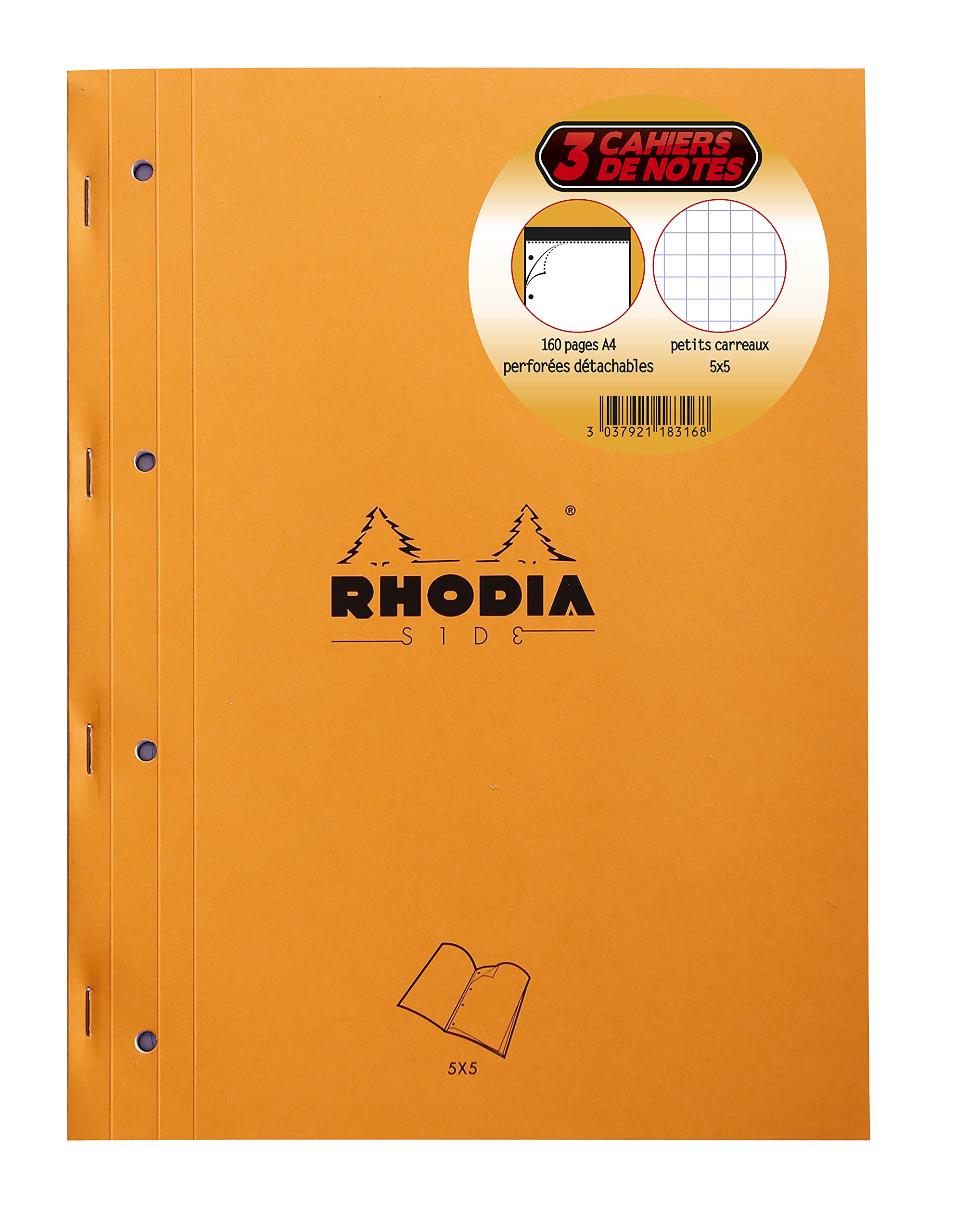 RHODIA 118316C - Set of 3 Orange Side Stapled Notepads - A4 - Small Squares|80 Detachable Sheets, 4-Hole Punch, White Clairefontaine Paper 80 g/m|Soft and Resistant Cover