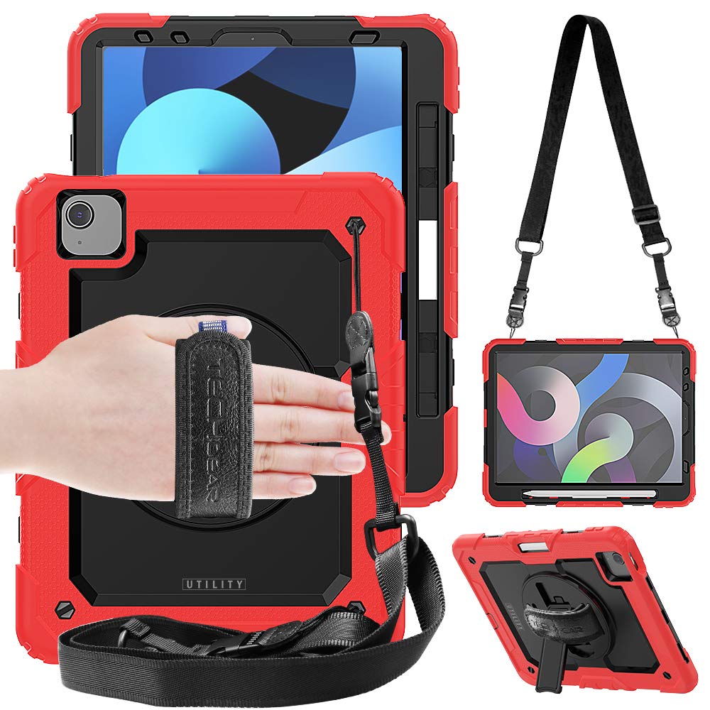 TECHGEAR UTILITY Case for iPad Air 10.9" 5th & 4th Generation 2022/2020, Tough Rugged HEAVY DUTY Armour Shockproof Case with 360 Rotating Stand, Hand Strap and Shoulder Strap - Red