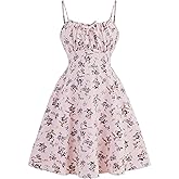 RoseSeek Girl's Floral Print Summer Dress Bowknot Ruched Bust A Line Cami Dress High Waist Ruffle Hem Cute Sun Dresses