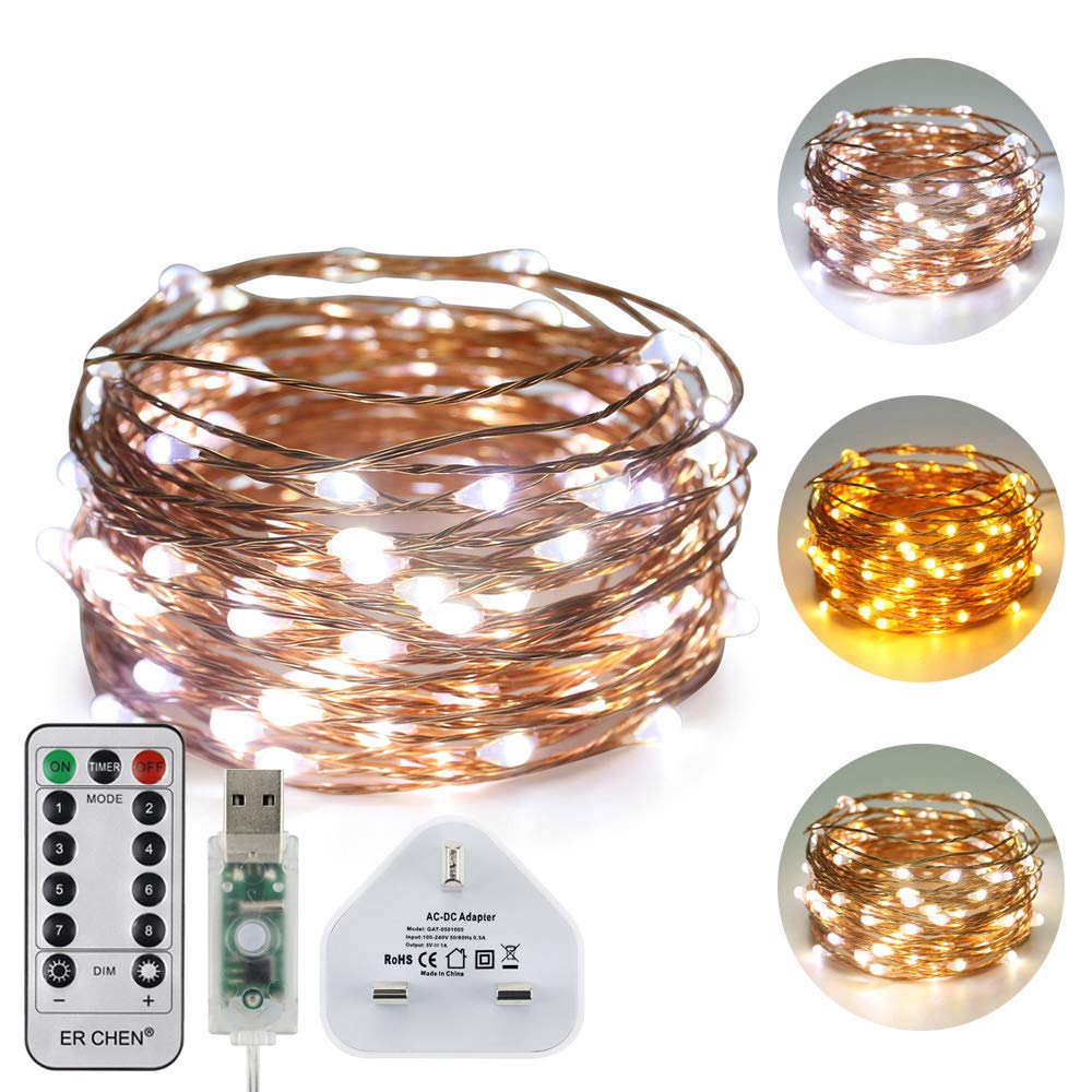 ER CHEN USB Dual-Color Led String Lights, 33FT 100 Leds Color Changing Dimmable 8 Modes Copper Wire Fairy Lights with Remote Timer for Indoor Outdoor Christmas (Warm White, White)