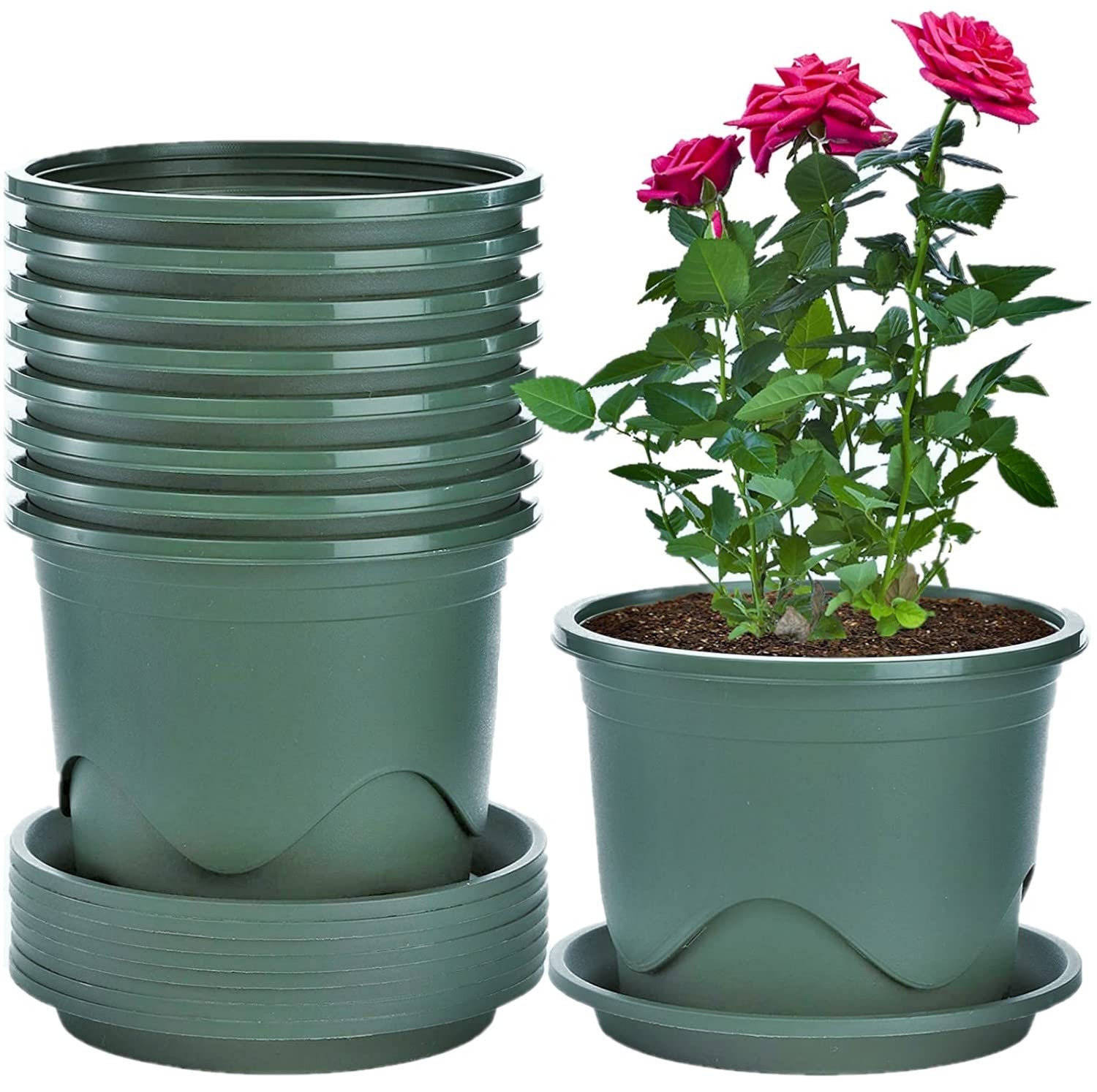 KAHEIGN 6Pcs Plastic Plant Pots, 19CM Thicken Flower Pot Root-Control Nursery Seedling Planter Decorative Garden Plant Container with Saucer for Indoor Outdoor Bonsai Plants (Green)