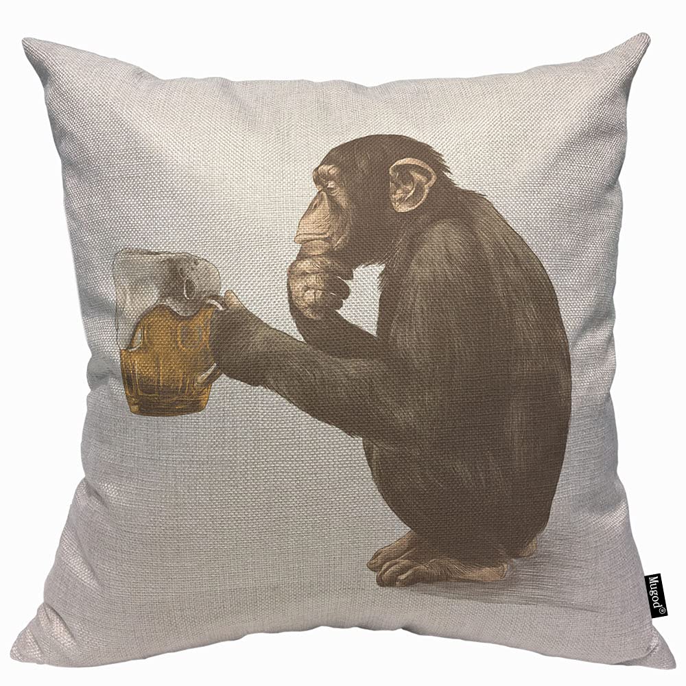 Mugod Gorilla Monkey Cushion Cover Throw Pillow Covers Sitting and Thoughtful Look a Glass of Beer Pillow Case for Men Women Decorative Home Sofa Chair Couch 45x45cm/18x18 Inch