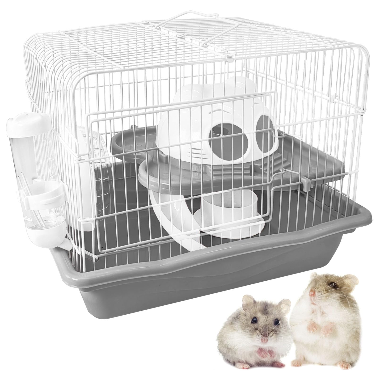 Photo 1 of (FAIR) PINVNBY Dwarf Hamster Cage, Small Animal Cages, 2-Tier Travel Portable Mouse Cage Hamster Carrier with Castle House Running Exercise Wheels, Water Bottle and Food Dis?Gray?
