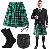 Yearntown Men's St Patrick's Day Costumes Kit Include Adult Irish Plaid Green Kilt Medieval Sporran Leather Pouch and Socks