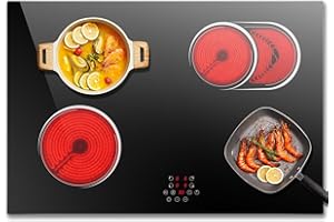 30 Inch Electric Cooktop with 4 Burner, 6400W Electric Stove top with Touch Control, Built-in Ceramic Cooktop, Pause, Safety Lock, Extended Zone & Timer, 220V Hard Wire, Nefaracy