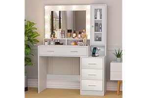 Likein White Vanity with Lighted Mirror, Large Vanity Desk with Mirror and Lights, Makeup Vanity Desk with Drawers, Nightstand Dressing Table with Charging Station & Glass Door Cabinet for Girls Women