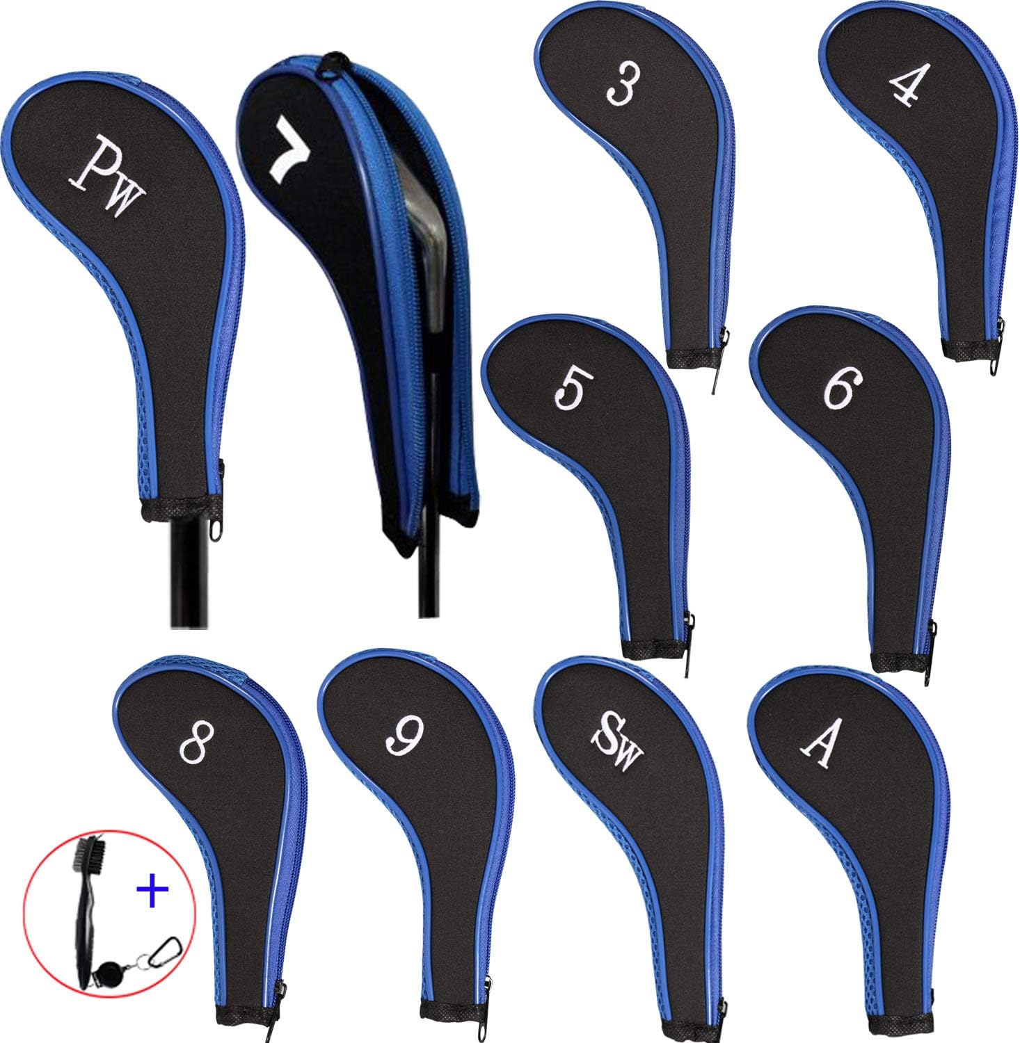 EDATOFLY 10 Pieces Golf Iron Head Covers Long Neck Number Printing Irons Head Covers Set and 1 Piece Golf Iron Club Brush (Black+Blue)